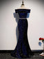 Navy Blue Mermaid Velvet Off the Shoulder Beading Prom Dresses