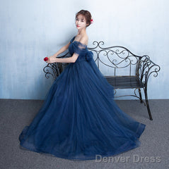 Navy Blue Off Shoulder Princess Long Party Dress, A-Line Junior Prom Dress