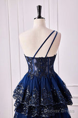 Navy Blue One Shoulder Sequin Ruffle A-Line Formal Dress