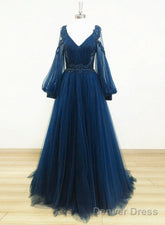 Navy Blue Puffy Sleeves Tulle With Beadings Long Party Dress, Blue Long Prom Dress