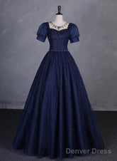 Navy Blue Round Neckline Short Sleeves Tulle Party Dress, Navy Blue Long Prom Dress