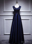 Navy Blue Satin Appliques Beading V Neck Prom Dresses
