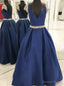 Navy Blue Satin Deep V neck Backless Cap Sleeve Beading Prom Dresses