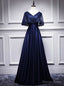 Navy Blue Satin Lace V Neck Bat Pearls Prom Dresses