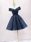 Navy Blue Satin Off Shoulder Bridesmaid Dress Prom Dress, Short Prom Dresses