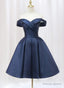 Navy Blue Satin Off Shoulder Knee Length Prom Dress, Navy Blue Homecoming Dresses