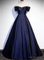 Navy Blue Satin Off Shoulder Long Prom Dress, Blue A Line Prom Dress