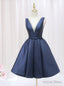 Navy Blue Satin See Through V Neck Homecoming Dresses