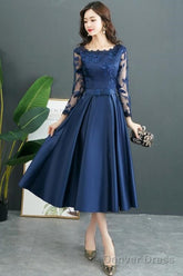 Navy Blue Satin Tea Length With Lace Long Sleeves Bridesmaid Dress, Blue Short Party Dress