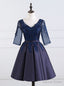 Navy Blue Satin V nec Short Sleeve Homecoming Dresses