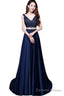 Navy Blue Satin With Lace Beaded Long Junior Prom Dress, Blue Satin Party Dresses