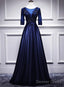 Navy Blue Satin With Lace Short Sleeves Long Prom Dresses, Blue Evening Dresses Formal Dress