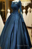 Navy Blue Satin With Lace Top Long Sleeves Sweet 16 Gowns, Blue Prom Dresses