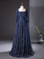 Navy Blue Sequins Long Sleeve Square Prom Dresses