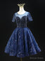 Navy Blue Sequins Short Sleeve Beading Homecoming Dresses