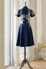 Navy Blue Short Sleeves Party Dresses With Lace Applique, Short Cute Blue Wedding Party Dresses
