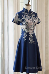 Navy Blue Short Sleeves Party Dresses With Lace Applique, Short Cute Blue Wedding Party Dresses