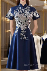 Navy Blue Short Sleeves Party Dresses With Lace Applique, Short Cute Blue Wedding Party Dresses