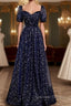 Navy Blue Short Sleeves Sweetheart Long Prom Dresses, A Line Blue Prom Gowns