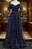 Navy Blue Simple Tulle Short Sleeves Prom Dresses, Navy Blue Long Evening Dresses