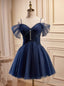 Navy Blue Spaghetti Straps Tulle Pleats Homecoming Dresses
