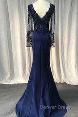 Navy Blue Spandex Long Sleeves Mermaid Evening Dresses, Navy Blue Prom Dresses
