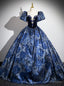 Navy Blue Sqwuare Puff Sleeve Crystal Quinceanera Dresses