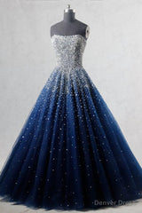 Navy Blue Strapless Floor Length Prom Ball Gown with Beading Sequins, Prom Dresses,Formal Dresses