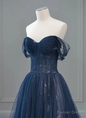 Navy Blue Sweetheart Off Shoulder Tulle Prom Dress, A-line Tulle Formal Dress