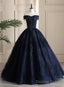 Navy Blue Sweetheart With Lace Applique Sweet 16 Dress, Blue Long Prom Dresses