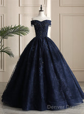 Navy Blue Sweetheart With Lace Applique Sweet 16 Dress, Blue Long Formal Dress
