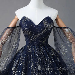 Navy Blue Tulle A-Line Long Party Dresses Evening Dresses, Navy Blue Long Prom Dresses