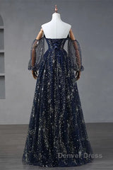 Navy Blue Tulle A-Line Long Party Dresses Evening Dresses, Navy Blue Long Prom Dresses