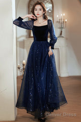 Navy Blue Tulle And Velvet Long Sleeves Party Dress, Simple A-Line Prom Dress