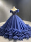 Navy Blue Tulle Ball Gowns Beading Prom Dresses
