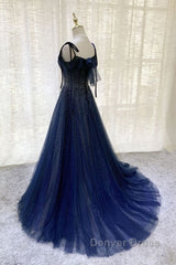 Navy Blue Tulle Beaded Long Prom Dresses Evening Dresses