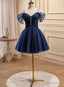 Navy Blue Tulle Beaded Short Prom Dress, Blue Tulle Off Shoulder Homecoming Dresses