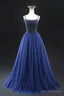 Navy Blue Tulle Beads Long A Line Prom Dress, Elegant Spaghetti Strap Backless Prom Dresses