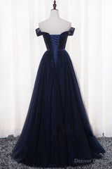 Navy Blue Tulle Long Party Dress, Simple Off Shoulder Blue Bridesmaid Dress