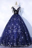 Navy Blue Tulle Long Prom Dress, Spaghetti Straps Lace Flower Backless Prom Dresses