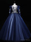 Navy Blue Tulle Long Sleeve Embroidery Sequins Quinceanera Dresses