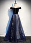 Navy Blue Tulle Off Shoulder Velvet Top Long Party Dress, Blue Evening Dress Prom Dress