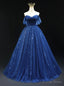 Navy Blue Tulle Off the Shoulder Pleats Prom Dresses