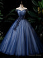 Navy Blue Tulle Off The Shoulder Sequins Beading Quinceanera Dresses