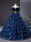 Navy Blue Tulle Sequins Beading Long Quinceanera Dresses
