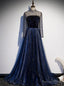 Navy Blue Tulle Sequins High Neck Long SLeeve Beading Prom Dresses