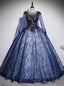 Navy Blue Tulle Sequins Long Sleeve Appliques Quinceanera Dresses