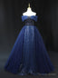 Navy Blue Tulle Sequins Off the Shoulder Beading Prom Dresses