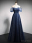 Navy Blue Tulle Sequins Off the Shoulder Puff Sleeve Prom Dresses
