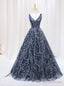 Navy Blue Tulle Sequins V Neck Prom Dresses